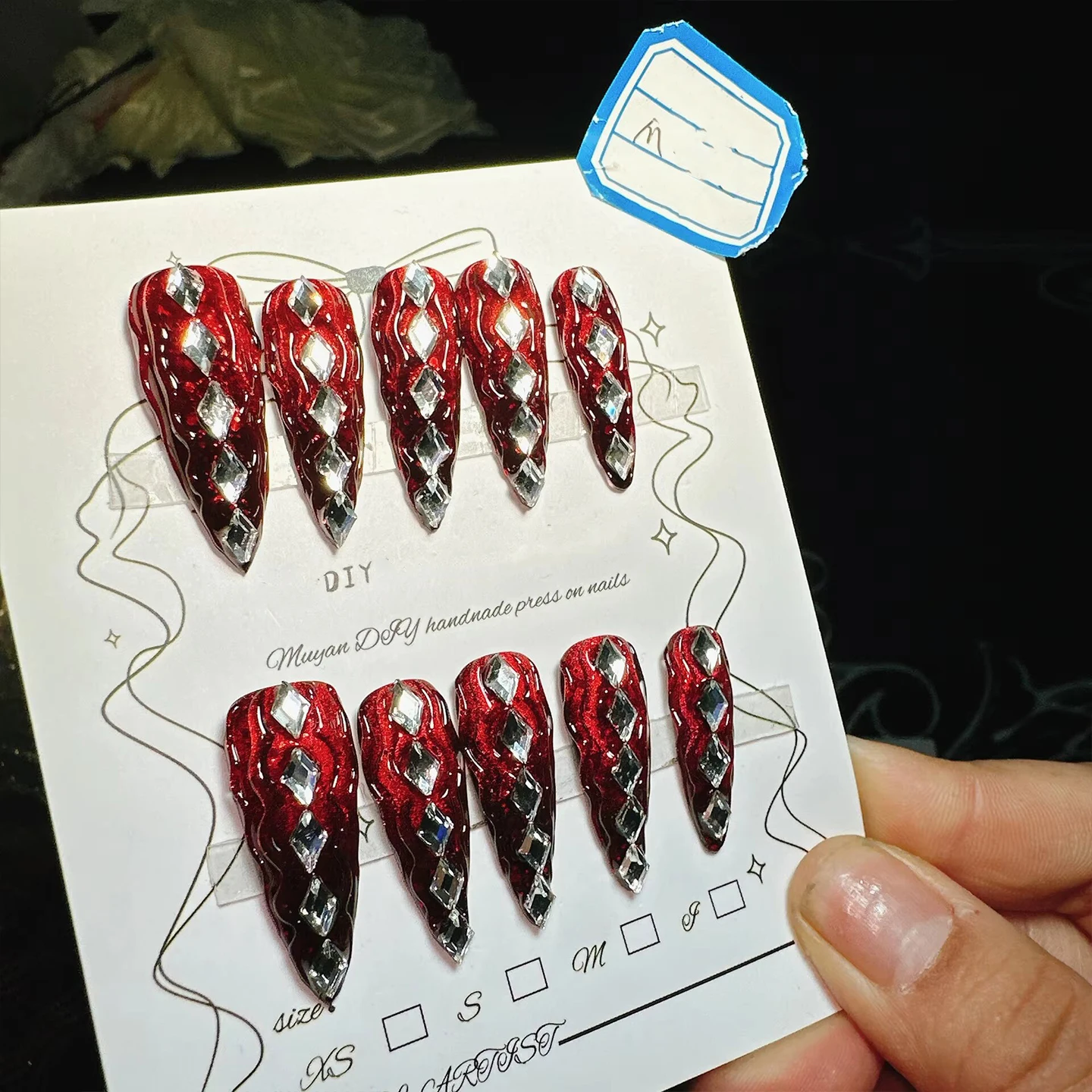 Handmade Red Rhinestone Press - on Nails Luxurious Stiletto Shape Multiple Sizes for Parties Celebrations Daily Glam