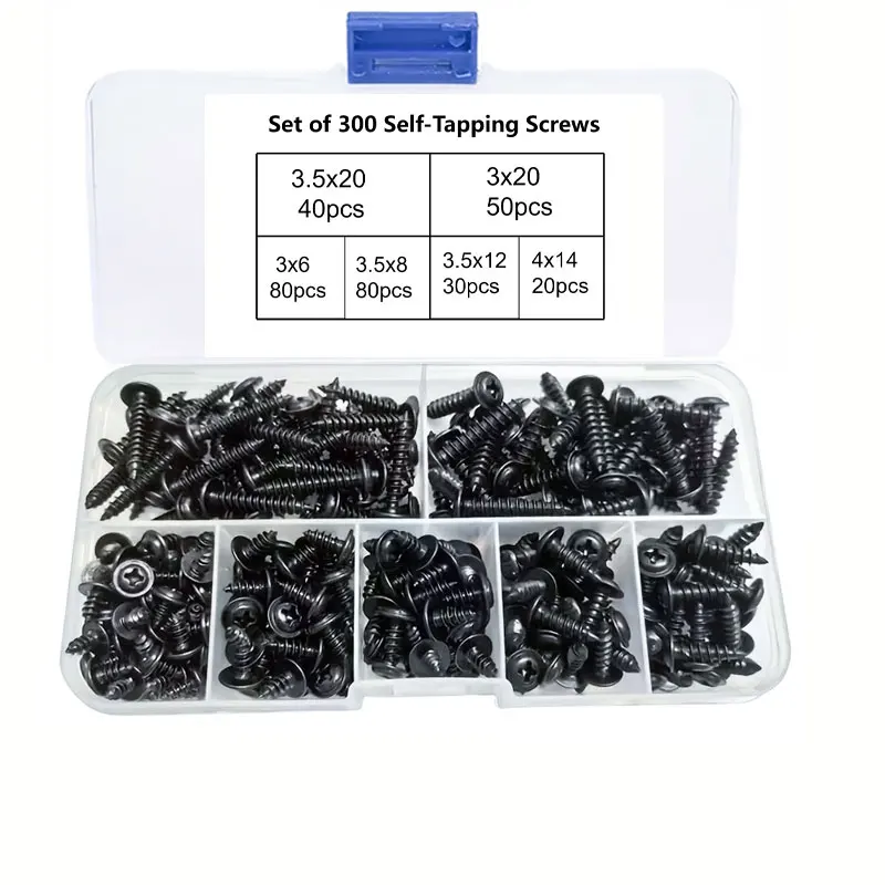 300Pcs/Set Self-Tapping Screws M3 M4 M5 Sizes Disk Head Flat Cross-Blade Design Black Carbon Steel for Wooden Furniture