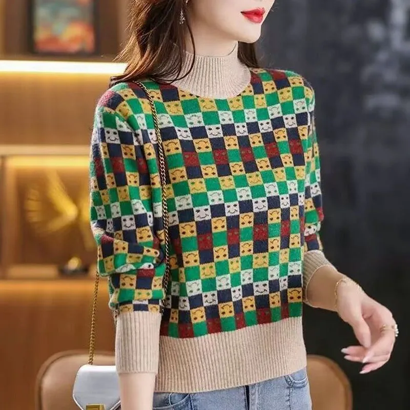 New Autumn/Winter Fashion Color Block Checker Half High Neck Loose and Versatile Western Commuter Middle Aged Mom\'s Sweater