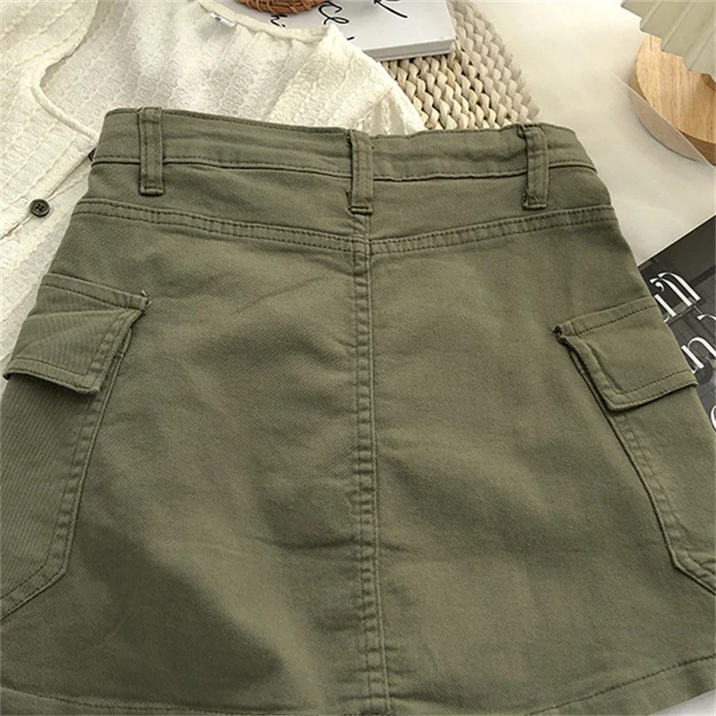 Oversize Pockets Lace-Up Vintage Denim Skirt Summer Loose Casual Solid Mini Skirts Spring Korean Fashion Faldas Women Clothes