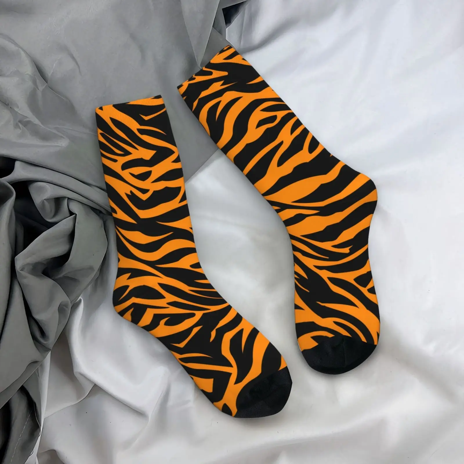 Orange Black Tiger Stripe Crew Socks Men Women Fashion Animal Print Mid Calf Socks Casual Streetwear Breathable Novelty