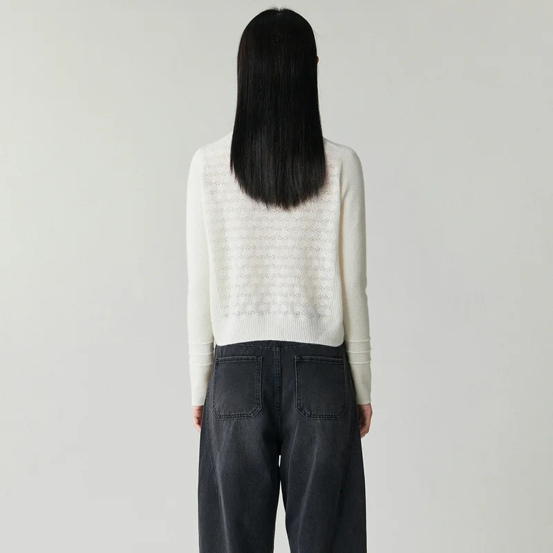 Autumn Winter New Pure Cashmere Knitwear Women's Turn-down Collar Hollow-out Base Shirt Inner Sweater for Layering