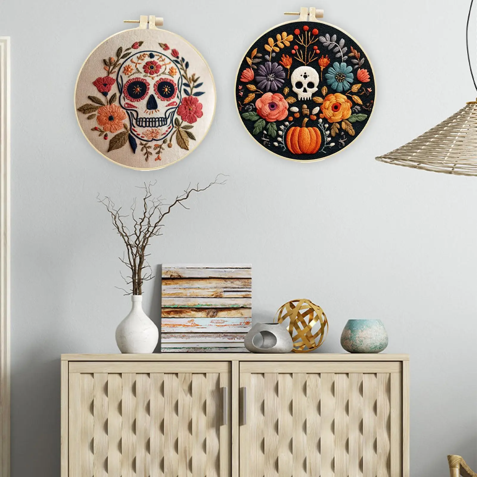 Skull Embroidery Halloween Embroidery Needle Point Kits Hand Crafts Practice Set Hoop Threads Scissors For Women Adults Craft