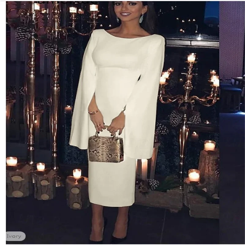 Sheath / Column Tea Length Cocktail Dresses Party Dresses Elegant Party Little White Dresses Long Sleeve Jewel Neck Wedding Gues