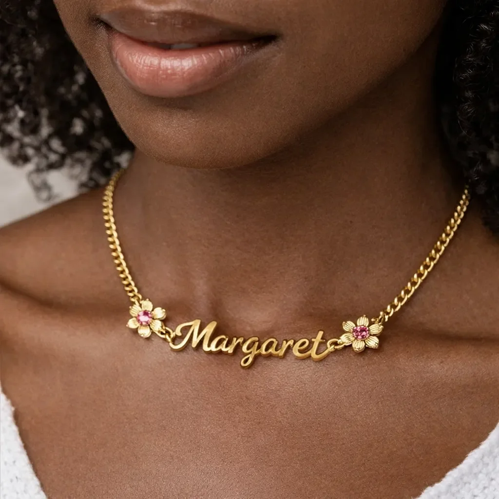 

Double Flowers with Birthstones Persnalized Name Necklace Custom Stainless steel Name Jewelry Pendant Gift for Women
