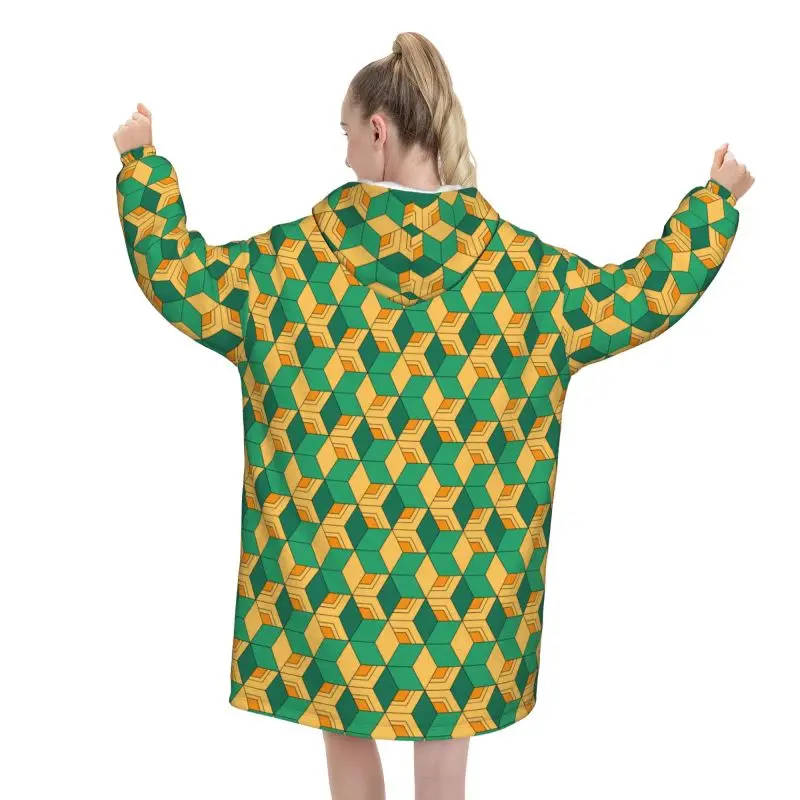 Tanjiro Haori Checker Green Yellow Squares Pattern Blanket Hoodie Women Wearable Pullover Sweatshirt Oversized Hooded Blanket