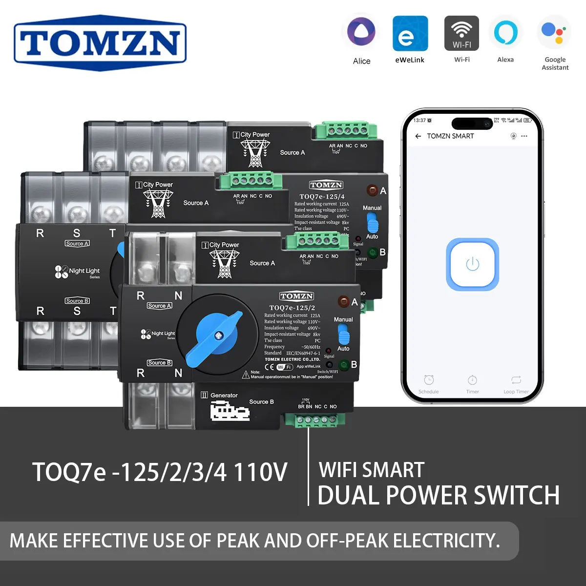 

TOQ7e 2P 3P 4P 110V eWeLink Control 110V 120V Din Rail dual power switch manual/automatic/WIFI 63A 100A 125A