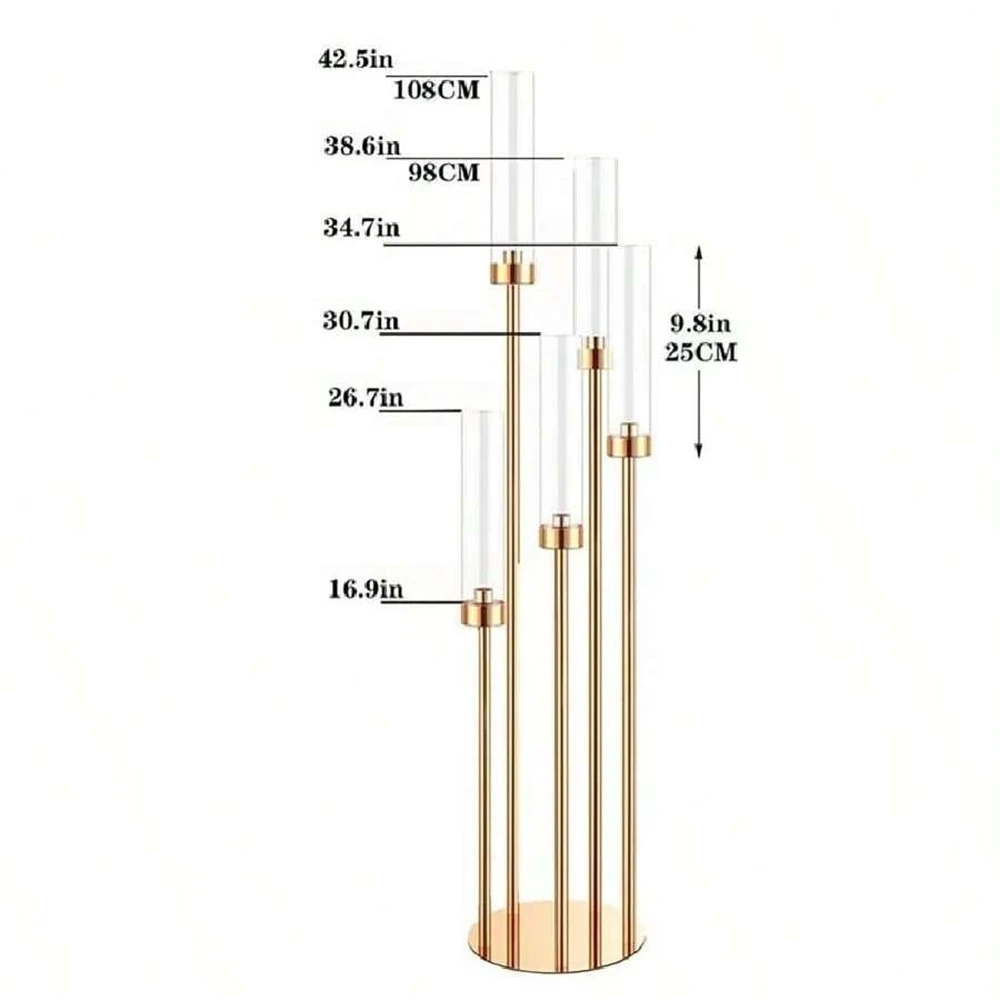 15pcs Elegant Gold 5-Arm Candlestick Center Decoration with Acrylic Tube - Perfect for Wedding, Event, and Home Decor