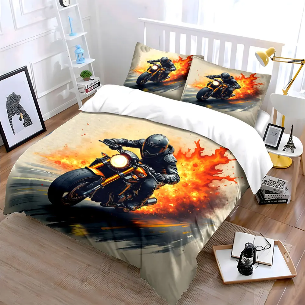 High-speed ride, blazing flames Print Bedding Set 1 Duvet Cover 2 Pillowcases for Adult and Children Luxury Gift Full Size