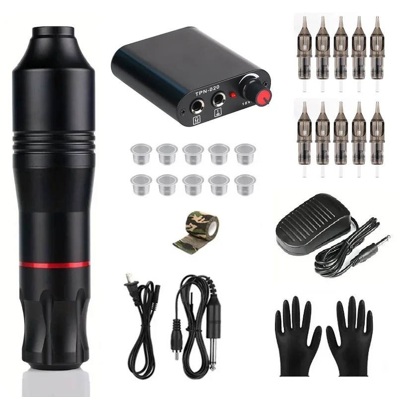 مجموعة آلة قلم الوشم خرطوشة كاملة مع دواسة إمداد طاقة الوشم وإبرة خرطوشة 10 قطع لمجموعة فنان الوشم #1