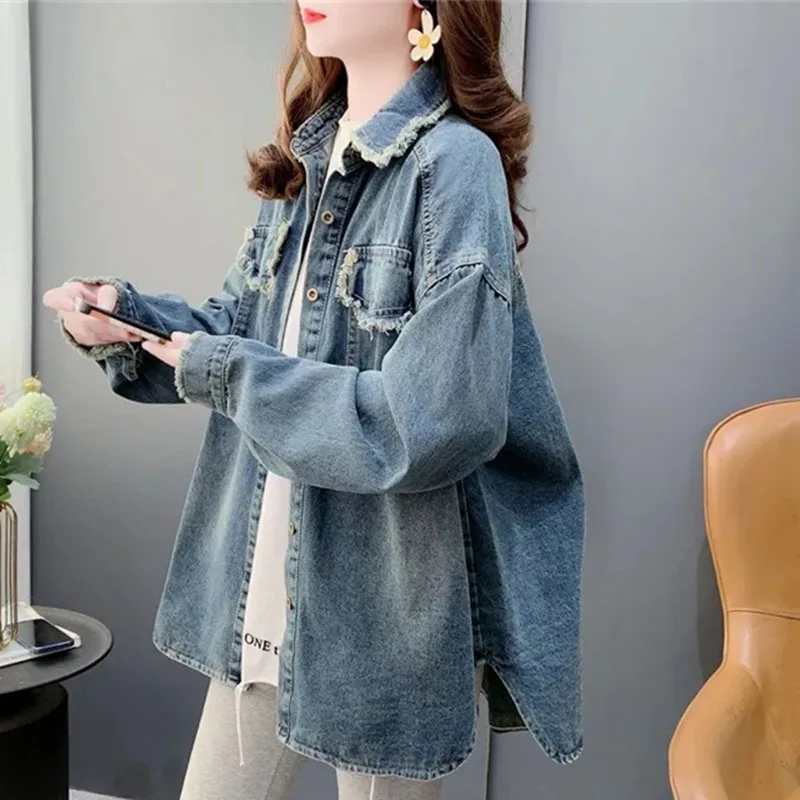 

2025 Ladies Fashion Cowboy Shirt Coat Korean Women Long Sleeves Jeans Outwear Spring Autumn Female Leisure Fringed Denim Jacket