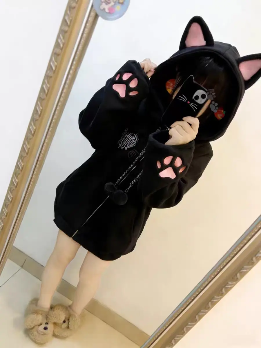 

Japanese Subculture Cat Ears And Cat Paw Patch Lined Hooded Sweatshirt Y2k American Graphic Embroidered Sweet Punk Gothic Jacket