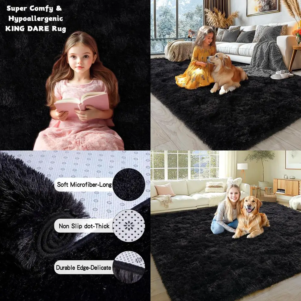 

Large Black Plush Shaggy Rug for Living Room, Soft Fluffy Furry Aesthetic Decor, Anti-Slip Washable Carpet for Bedroom