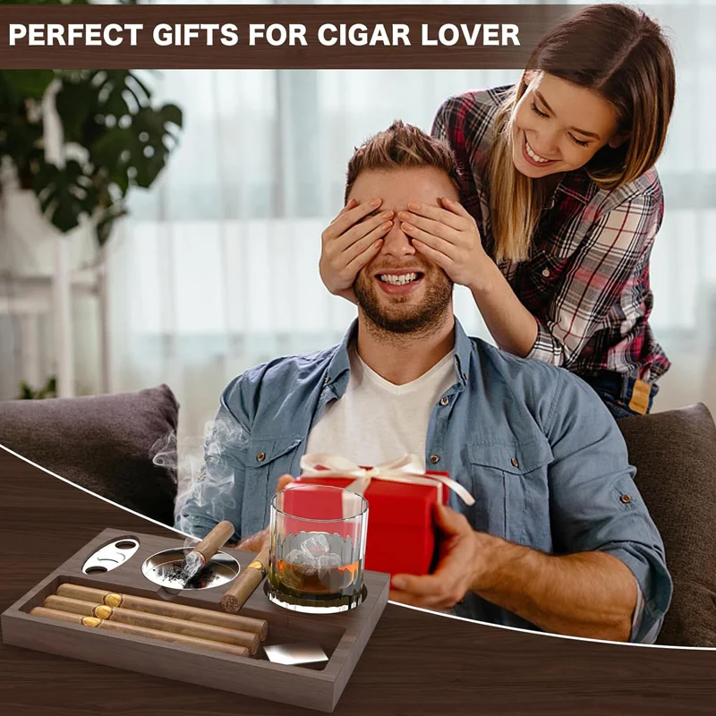 New Cigar Ashtray with Cigar Cutter Cigar Accessories Whiskey Glass Tray Detachable Outdoor 7 Slots Cigar Holder Gift for Men