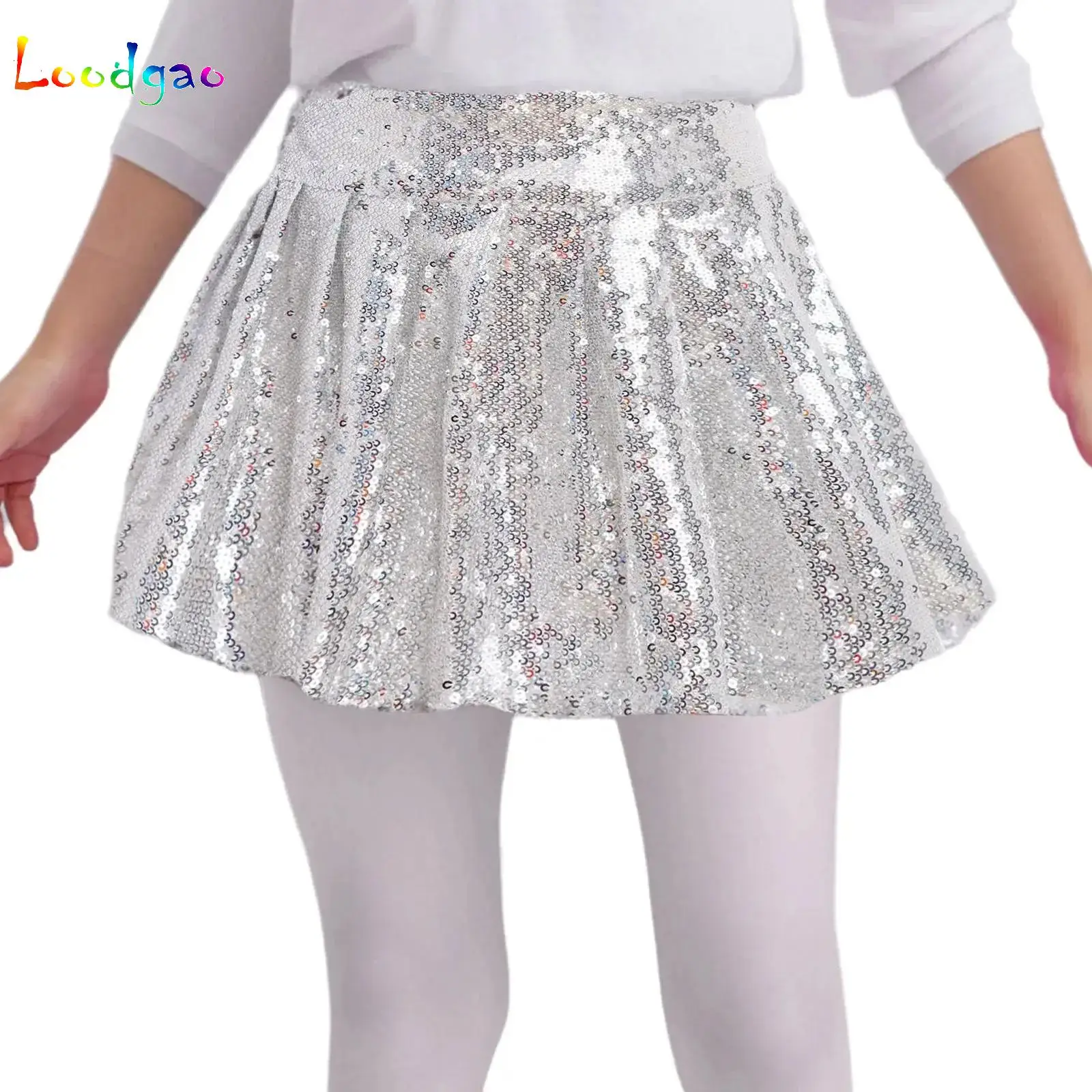 Kids Girls Elastic Waist Sparkling Sequins Skirt with Built-in Shorts for Birthday Party Jazz Hip Hop Dance Stage Performance