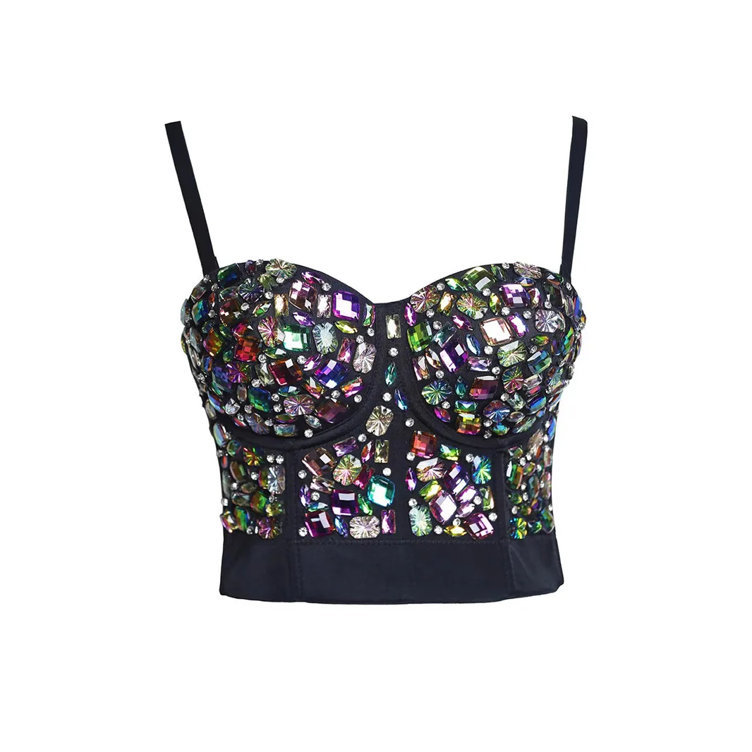 

Acrylic Diamond Women's Stage Performance Costume Back Strap Bling Bead Crop Top Flashing Light Shiny Summer New Arrival