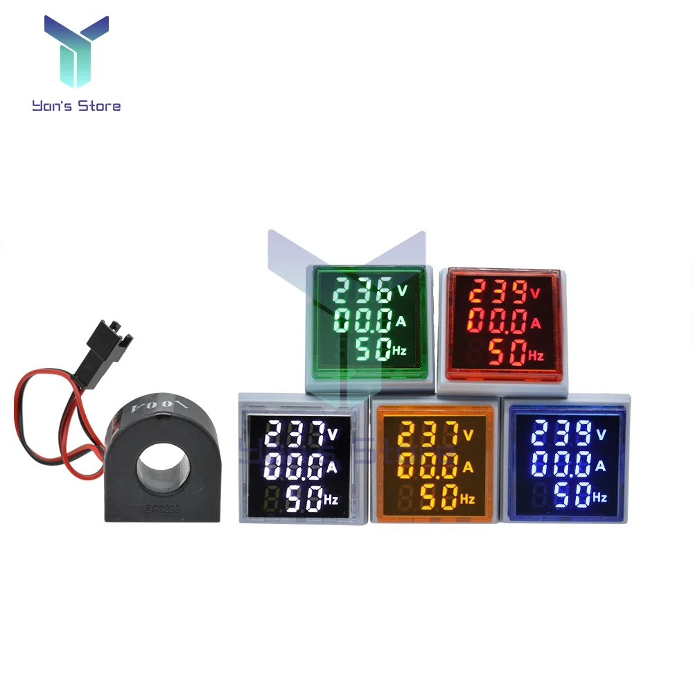 22mm AC 60-500V Square LED Digital Display 3-in-1 Voltmeter Ammeter Hertz Meter Round Transformer Indicator Tester 0-100A