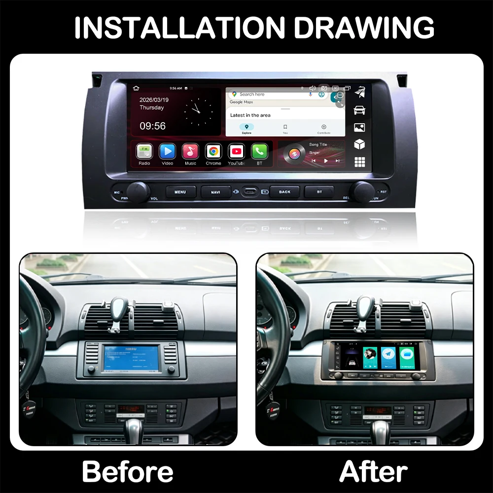 9.3 inch QLED 1600*600P Android 16 Carplay Auto For BMW X5 E53 M51999-2003 GPS Navigation Lntelligent Multimedia Touch Screen BT