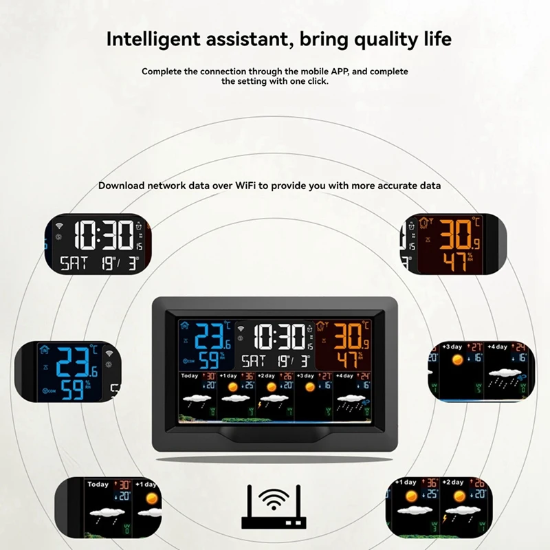 FGHGF-Tuya WIFI Smart Weather Station Temperature Humidity Meter Weather Forecast Indoor Outdoor Weather Alarm Clock EU Plug
