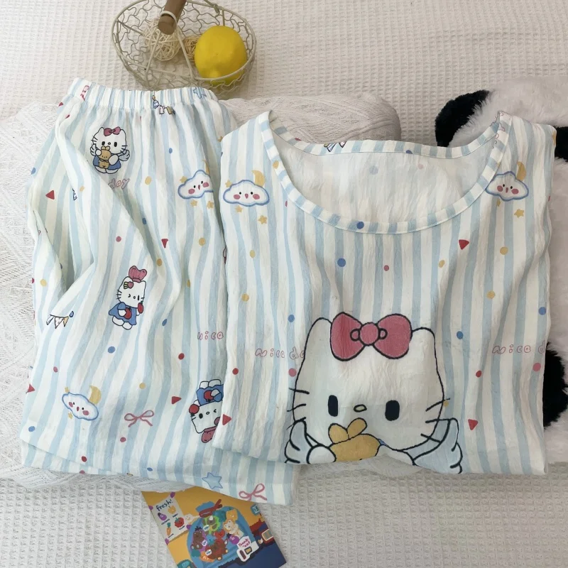 الصيف مرحبا كيتي الكرتون لطيف فتاة نسخة فضفاضة جولة الرقبة بدلة قصيرة مزدوجة