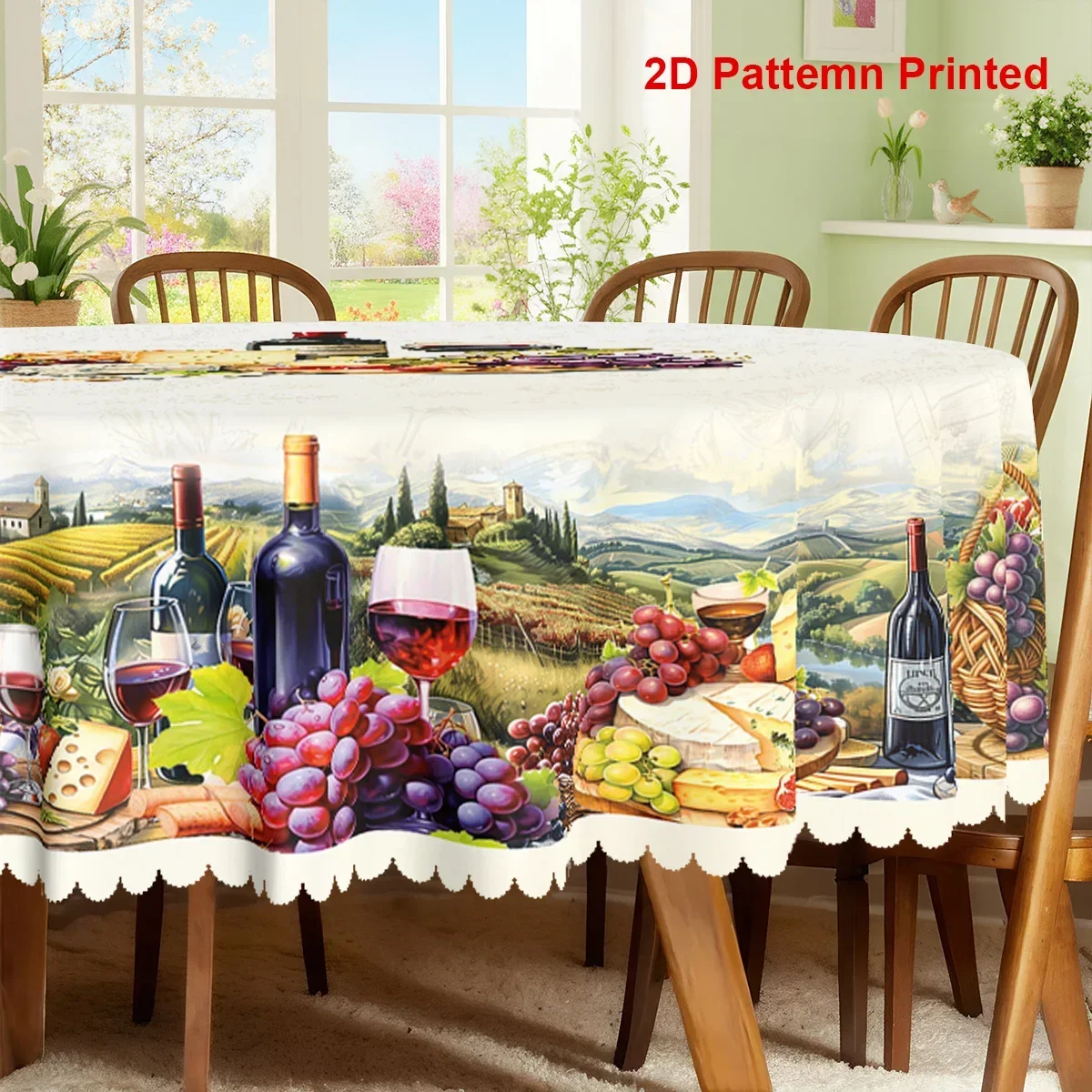 One item, a wine-themed party tablecloth with a rustic style print featuring red wine, bread, grapes and a countryside sceneyzb)