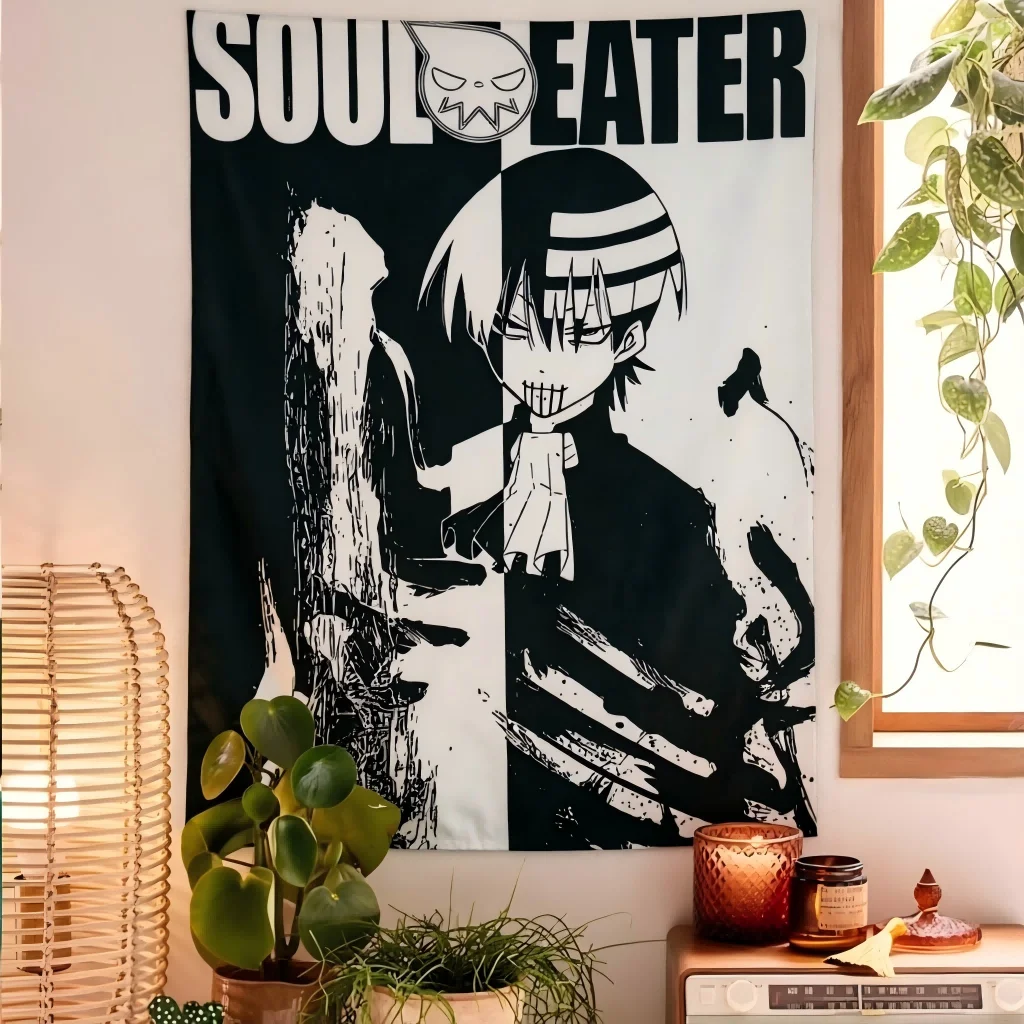 1pc Death The Kid Tapestry, Black & White Anime Wall Art, Trendy Dorm Bedroom Living Room Decoration Items