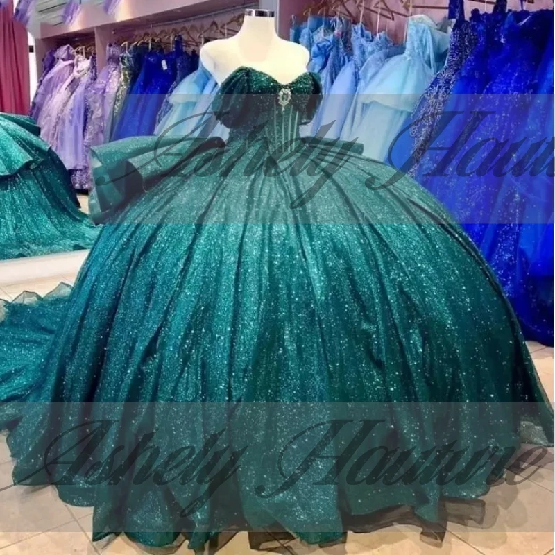 Personnalisé réel Pic brillant vert perles à lacets robe de bal balayage Train bal robe de fête d'anniversaire Quinceanera 15 16 robe 2025