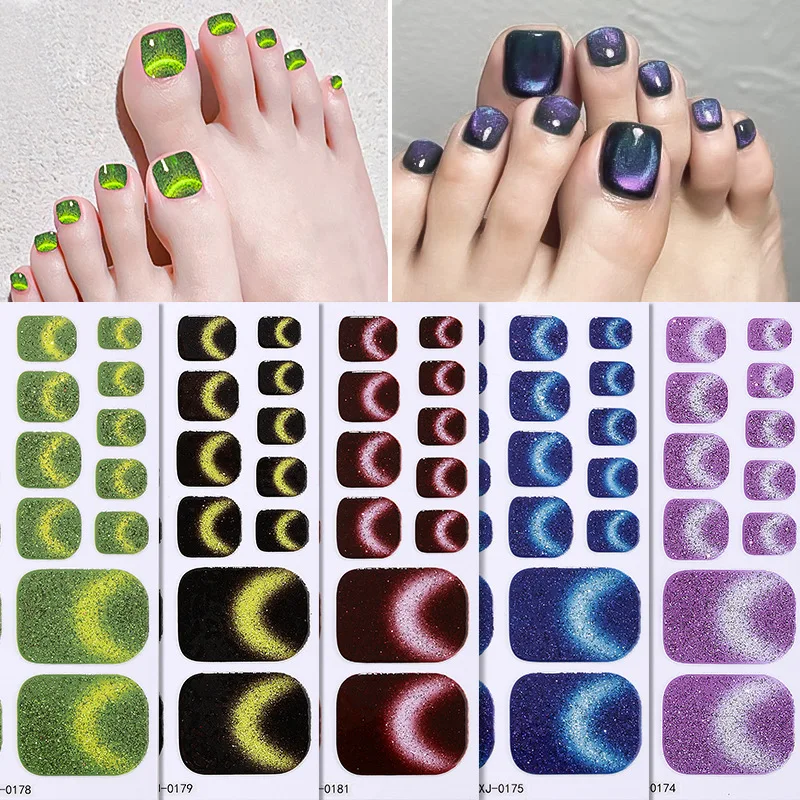 22 Tips Glanzende Voet Nagelstickers Volledige Dekking Kat Magneet Effect Gel Nail Wraps Glitter Zelfklevende Langdurige Gel Pedicure tool