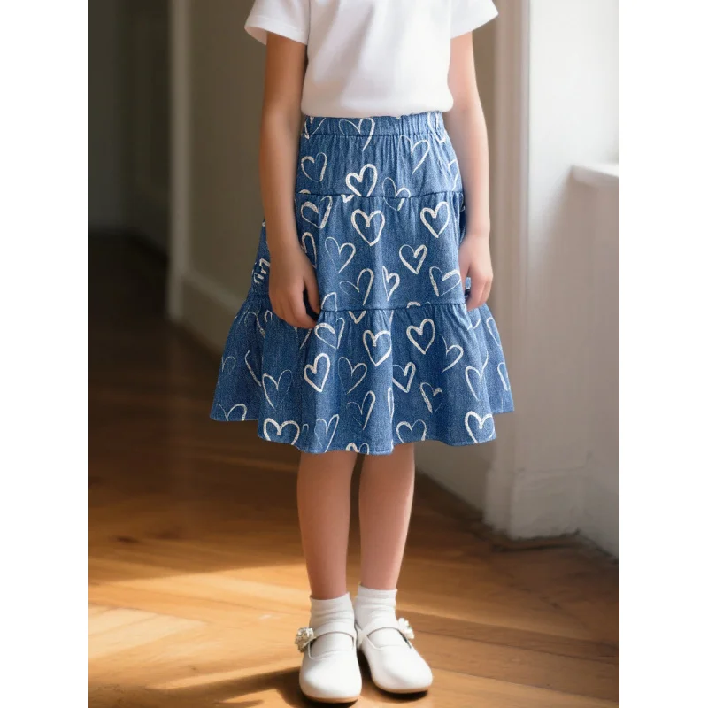 2025 Girls' Blue Simulated Denim Love Heart Half Skirt - Fashionable and All-Matching
