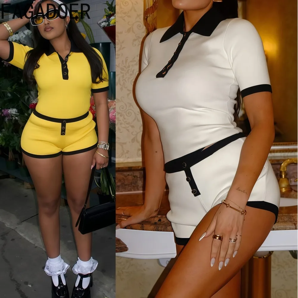 

FAGADOER Casual Knitted 2 Piece Sets Woman Outfit Solid Color Short Sleeve Crop Tops and Shorts Matching Suit Female Streetwear