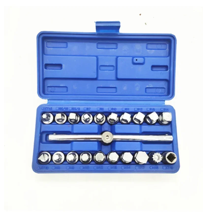 21PCS Oil Drain Pipe Plug Socket Set Oil Pan Screw Sleeve Wrench 3/8-Inch Drive Sliding T-bar Removal Kit