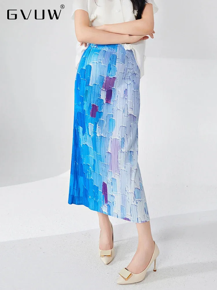 

GVUW Pleated Gradient Women Skirts Women Print Elastic Waist Versatile New 2024 Elegant Lady Fashion Loose Clothing 17G7526