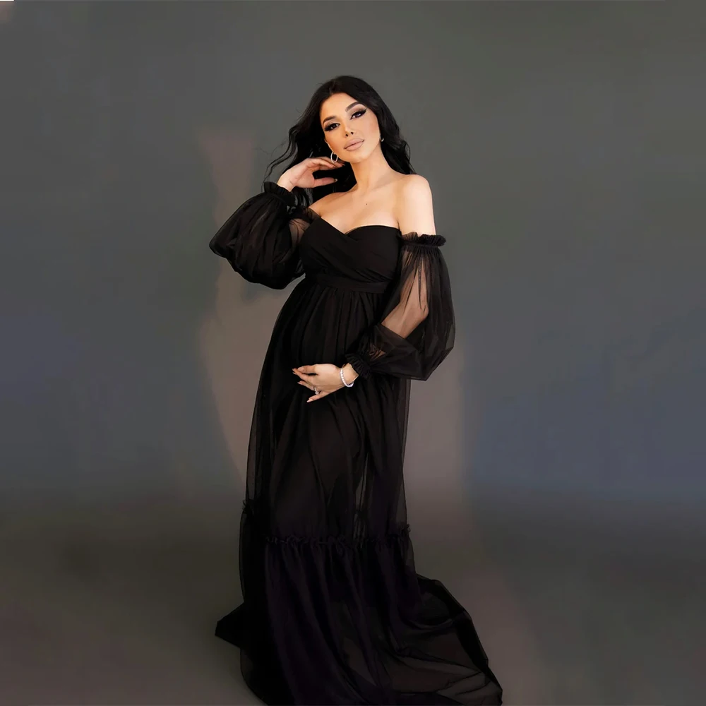 

Women's Maternity Sweetheart Puff Sleeve Baby Shower Dress for Photoshoot Pregnant Tull Photography Party Gown