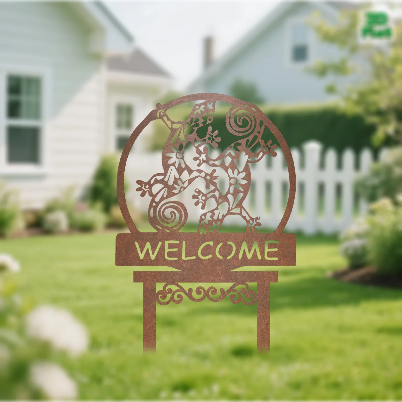[2D Flat] Vintage Rust Gecko WELCOME Metal Garden Stake Ground Spike Farm Lawn Patio Metal Ornaments Yard Outdoor Decor