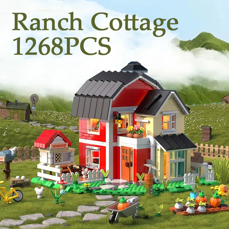 

1268 шт., наборы строительных блоков Ranch Cottage со световой сборкой, мелкие частицы, вид на улицу, кирпичи, игрушки, модель, подарки на день рождения