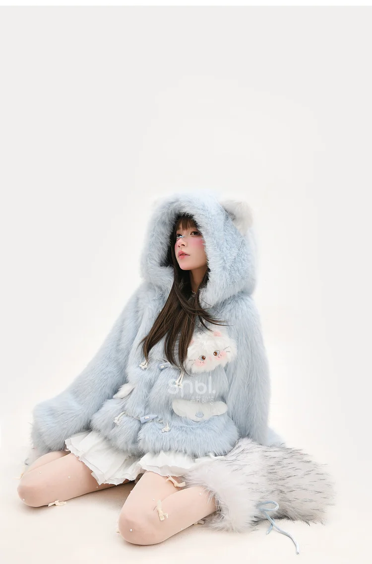 2025 Winter New Soft Girl Sweet Cute Cat Loose Buttoned Blue Thickened Warm Casual Comfortable Hooded Padded Jacket