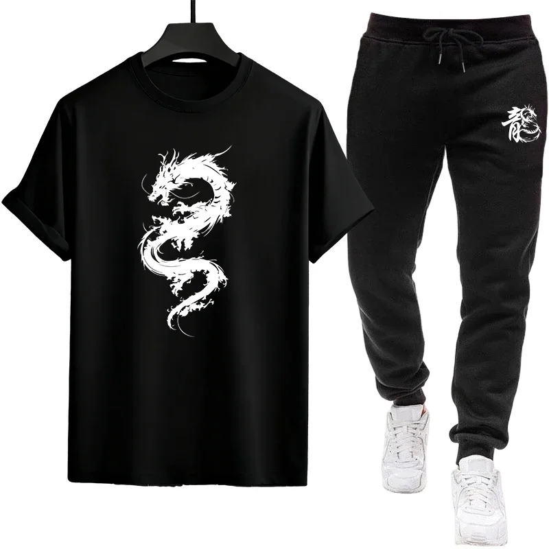 

2026 Men's Comfort Wear Set Premium Cotton T-Shirt and Elastic Waist Joggers All Day Lounge Outfit Dragon Printed Tees + Pants
