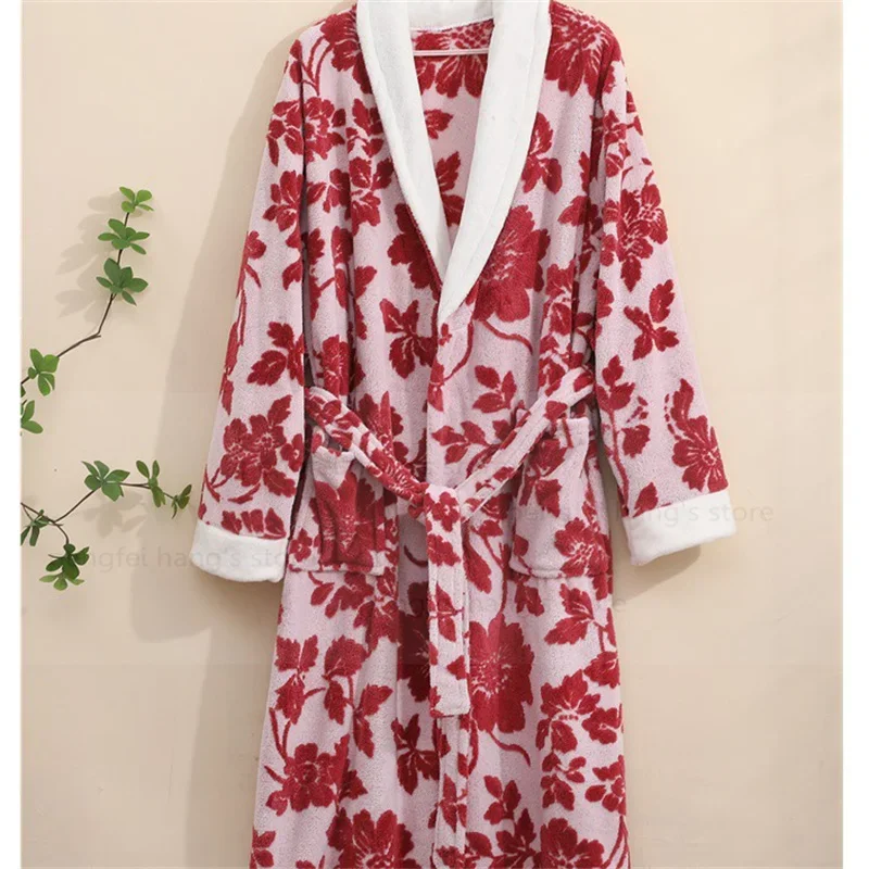 Autumn and Winter Warm Soft Robe Absorbent Jacquard Bathrobe Women's Long Sleeve Nightgown Kimono Robes Home Wear Pajamas