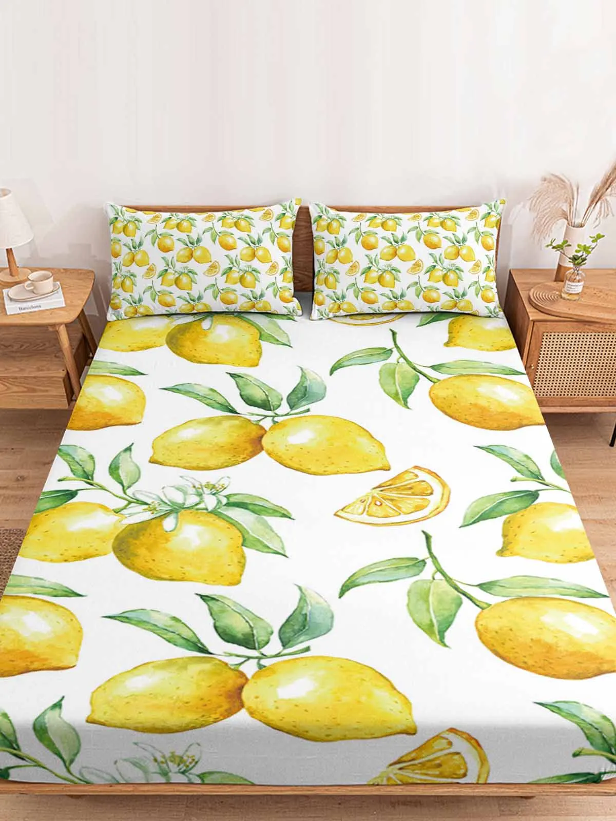 Watercolor Lemon Fruit Fitted Bed Sheet Cover Elastic Band Anti-slip Mattress Protector for Single Double King