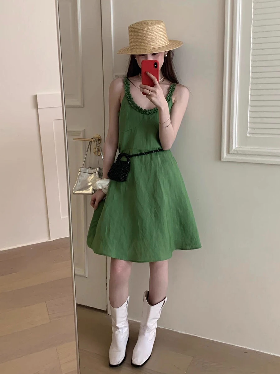 ReddaChic Casual Plain Linen Women Mini Dress Solid Spaghetti Strap Crew Neck Sleeveless A-line Sundress Holiday Summer Clothes