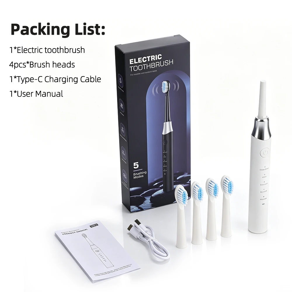 Elektrische Zahnbürste mit 5 Modi, 4 Ersatz-Zahnbürstenköpfen, Ultraschall-Zahnreinigung für Erwachsene, USB-Aufladung, wasserdichter Reiniger – Detail 22