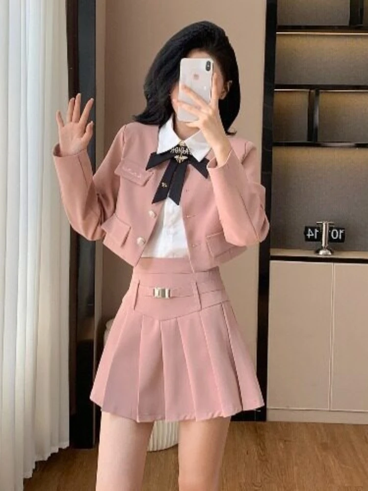 Skirt Blazer Pleated Short Shirt Preppy Butterfly Crop Business Elegant Classic Slim Tailored Autumn Winter Three Piece Dress