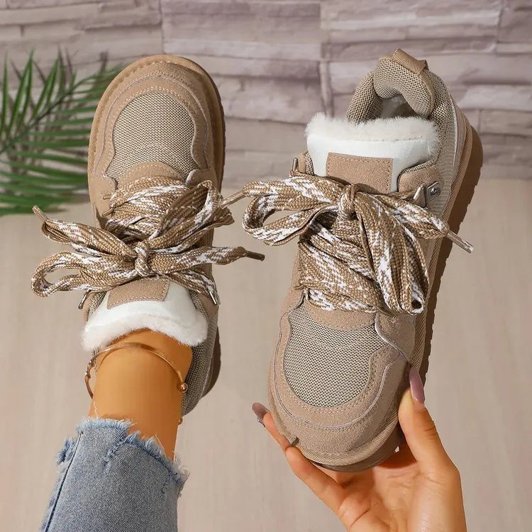 Damen Echt-Schaffell-Wollschneestiefel 2026 Neues Design Niedriger Schaft Dicke Sohle Schnürung Natürliches Fell Warme Baumwollschuhe Winter Herren Hausschuhe – Detail 13