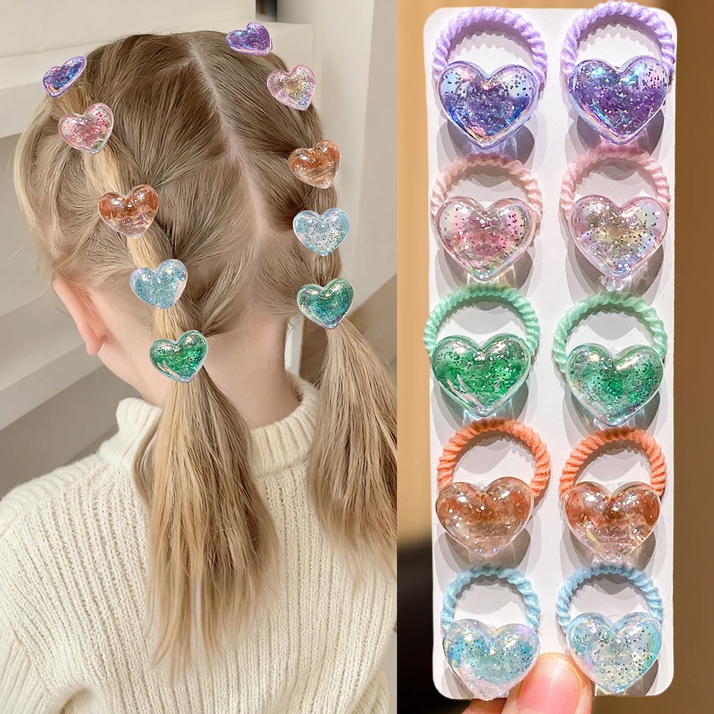 10 قطع من ربطات الشعر الملونة بالترتر للفتيات، أربطة شعر متينة عالية المرونة مع زخارف على شكل نجمة فراشة على شكل قلب عصرية C