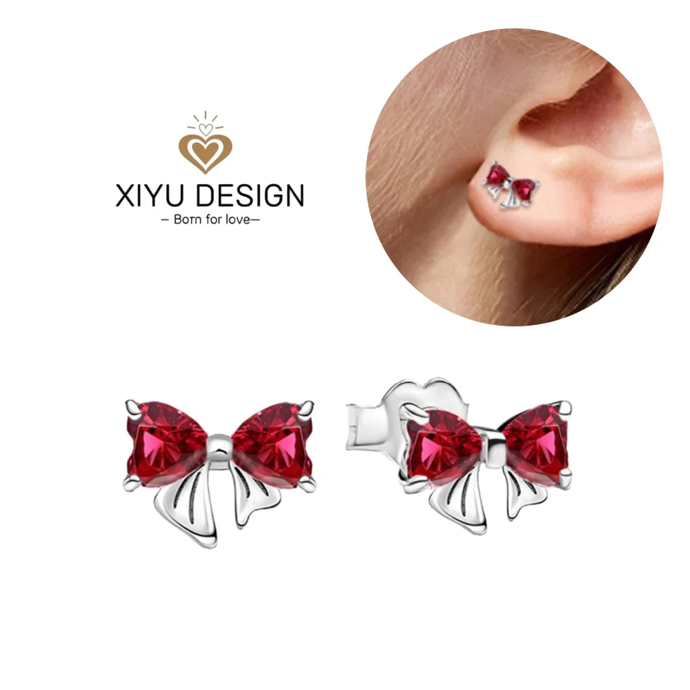 Christmas Party 925 Sterling Silver Red Bow Jewelry Set