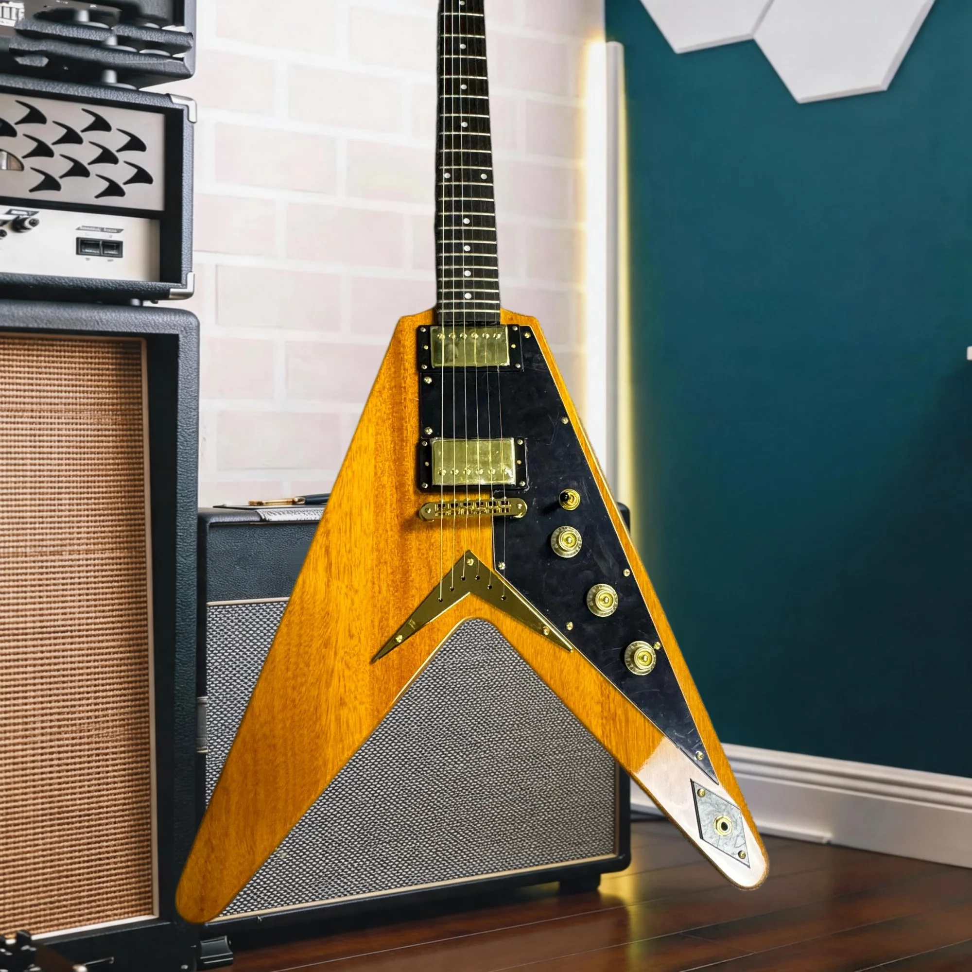 Vintage 1958 Flying V Style Electric Guitar Natural Korina Wood Finish Dual Humbuckers, Michael Schenker Inspired Classic V view 2