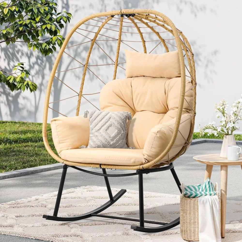 

Wicker Rocking Egg Chair, Outdoor Patio Rocking Chair with Cushioned Comfort, 330lb Capacity, Anti-Slip, All-Weather Re
