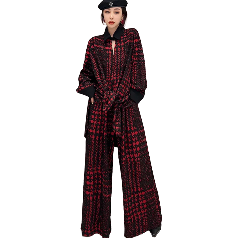 Vefadisa 2024 Spring Autumn Polo Collar Top + Elastic Waist Printing Woolen Cloth Wide Leg Pant Sets Black Red Women LHX3324