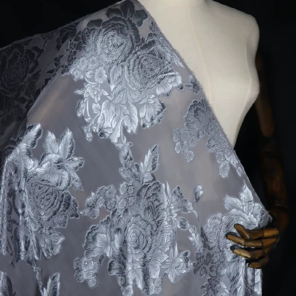 

Silver Big Rose Flower Soft Silk Crinkle Jacquard Fabric Best Quality Amazing for Lady Festival Party Cloth Dress