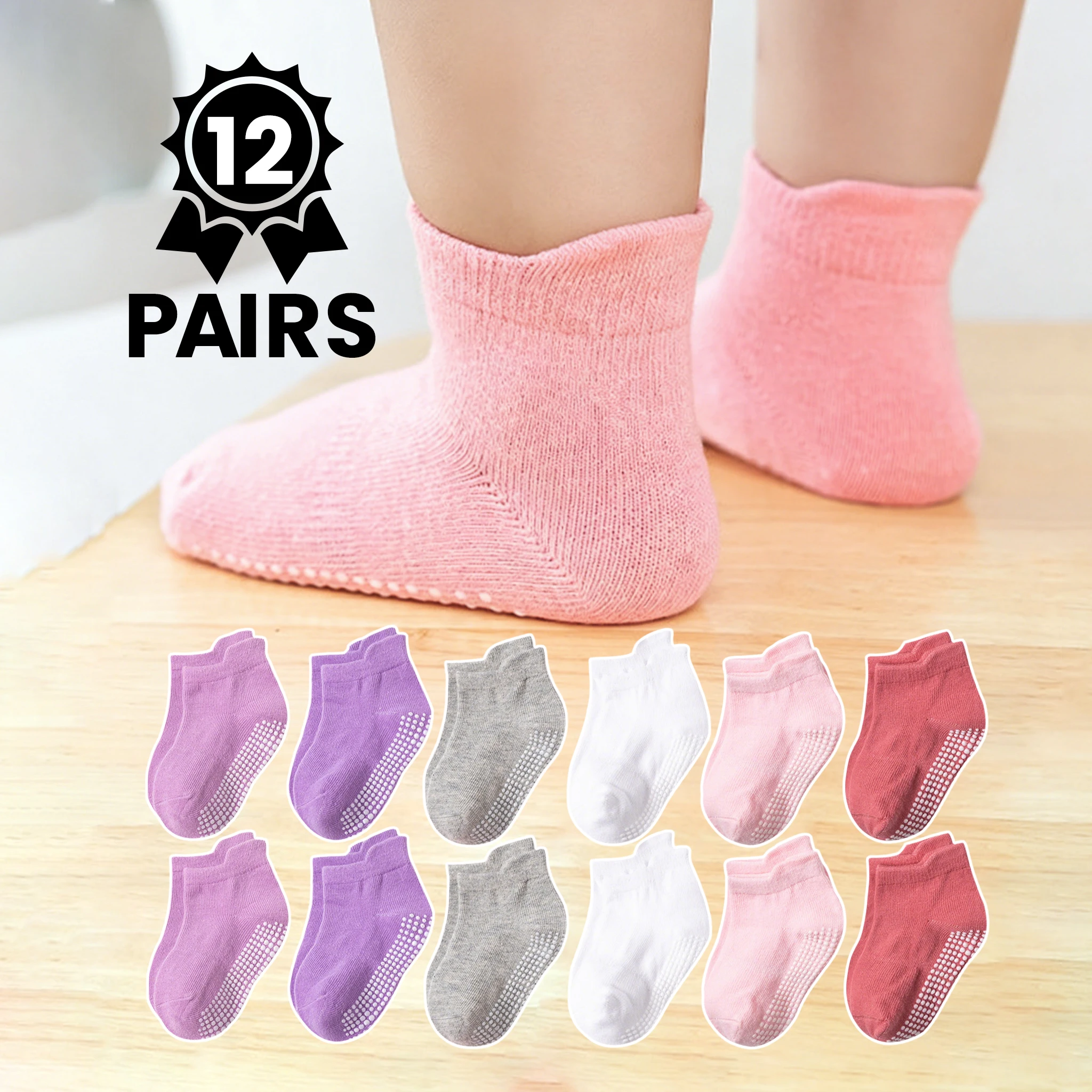 12 pairs double-stitched anti-slip children's floor socks, baby walking socks, suitable for home wear